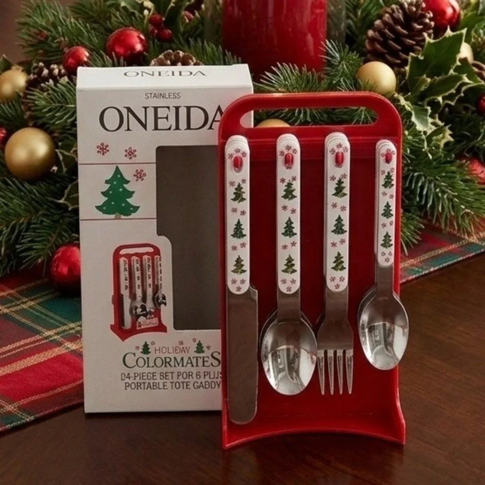 VTG Oneida Holiday Colormates 24 Piece Flatware Set Christmas Tree Service for 6